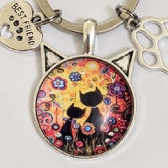 4/$20 Black cat cats paw heart best friend keychain keyring cabochon dome charm - Picture 2 of 3